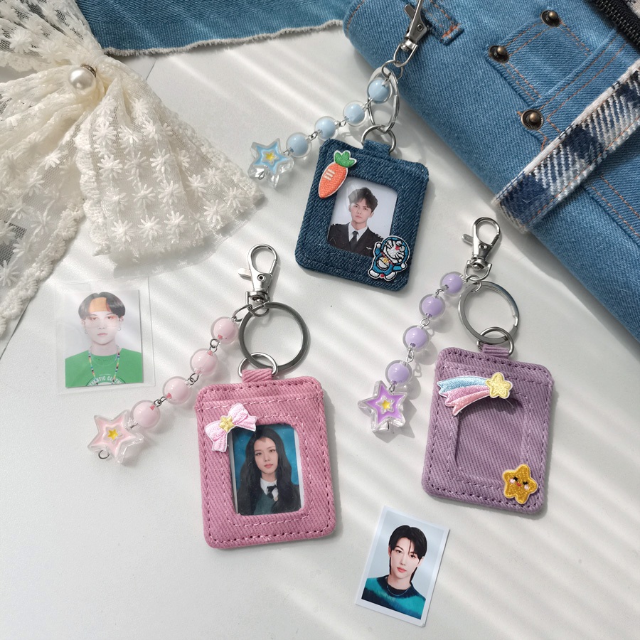 KEEKALNew Y2k แฟชั่นผ้ายีนส์ 1R 2 นิ้ว ID Photo Holder พวงกุญแจจี้ K-POP ใบอนุญาตกรอบรูปเก็บพวงกุญแจอุปกรณ์เสริม
