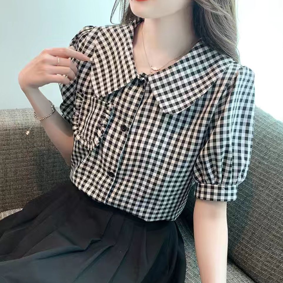 เสื้อเชิ้ตแขนสั้นลําลอง คอตุ๊กตา ลายสก๊อต ทรงหลวม แฟชั่นใหม่ สําหรับผู้หญิง