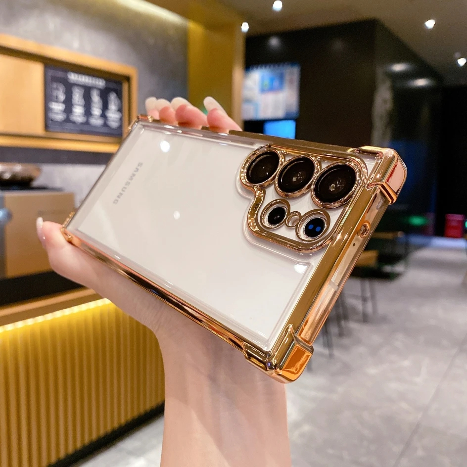 สําหรับ Samsung S24 Ultra S22 S23 Ultra Plus S23FE เคสโทรศัพท์มือถืออะคริลิคใส กันกระแทกสี่มุม หรูหรา พร้อมฟิล์มเลนส์