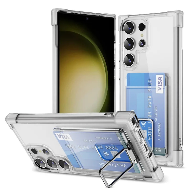 เคสอะคริลิคใส แบบแข็ง กันตกสี่มุม พร้อมช่องใส่บัตร สําหรับ Samsung S24 S23 S22 Plus Ultra S21Ultra