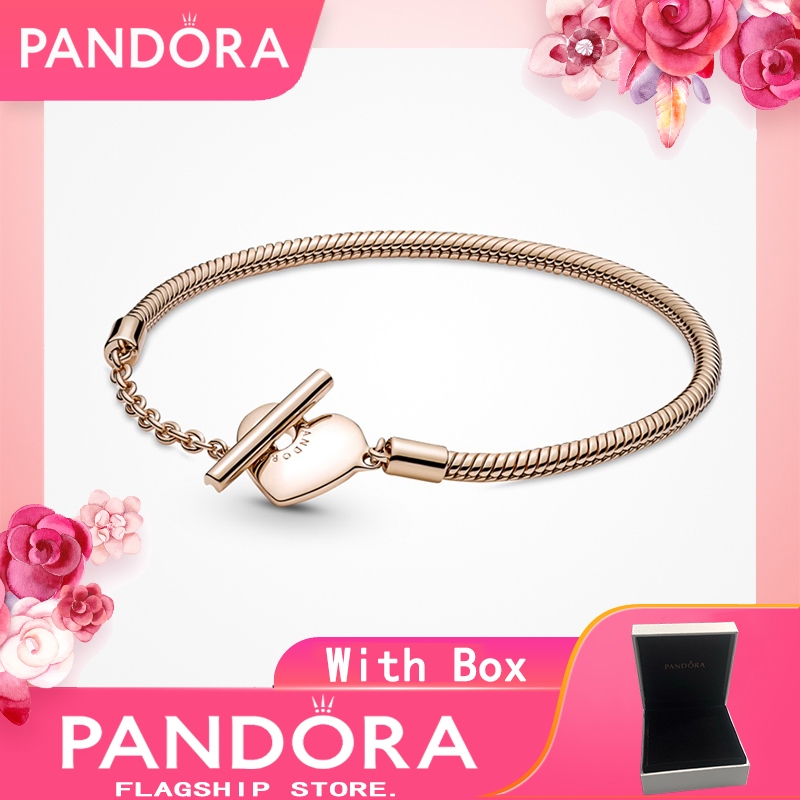 ของแท้ 100% S925 Sterling Silver Moments Rose Gold-Plated Heart T-Bar Snake Chain Bracelet