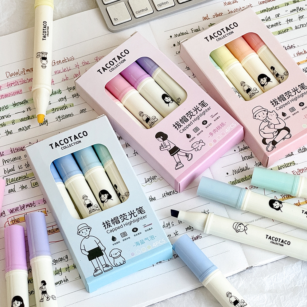 ชุดปากกามาร์กเกอร์ ไฮไลท์ สีพาสเทล สีเรืองแสง แบบสร้างสรรค์ สําหรับนักเรียน จํานวน 4 ชิ้น