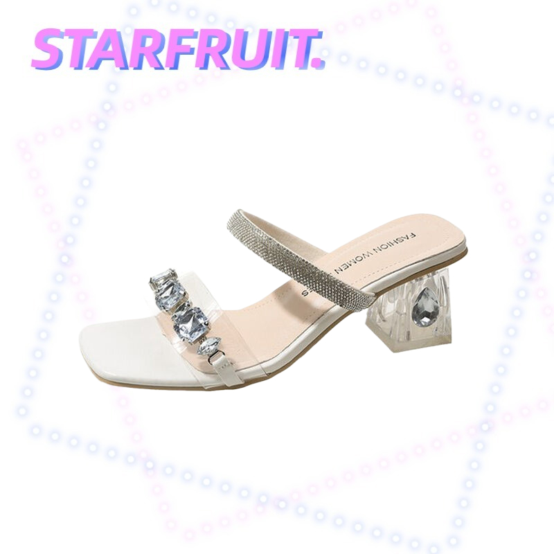 STARFRUIT รองเท้าแตะ ส้นสูง ประดับพลอยเทียม แฟชั่นสไตล์เกาหลี สําหรับผู้หญิง
