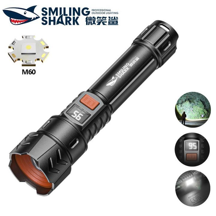 SmilingShark SD5239 ไฟฉาย LED M60 6000lm ซุปเปอร์ไบรท์ 5โหมด พร้อมไฟด้านข้างแบบ COB ซูมได้ พร้อมจอแสดงผลดิจิตอล Type-C กันน้ำแบบชาร์จไฟได้สำหรับการตั้งแคมป์