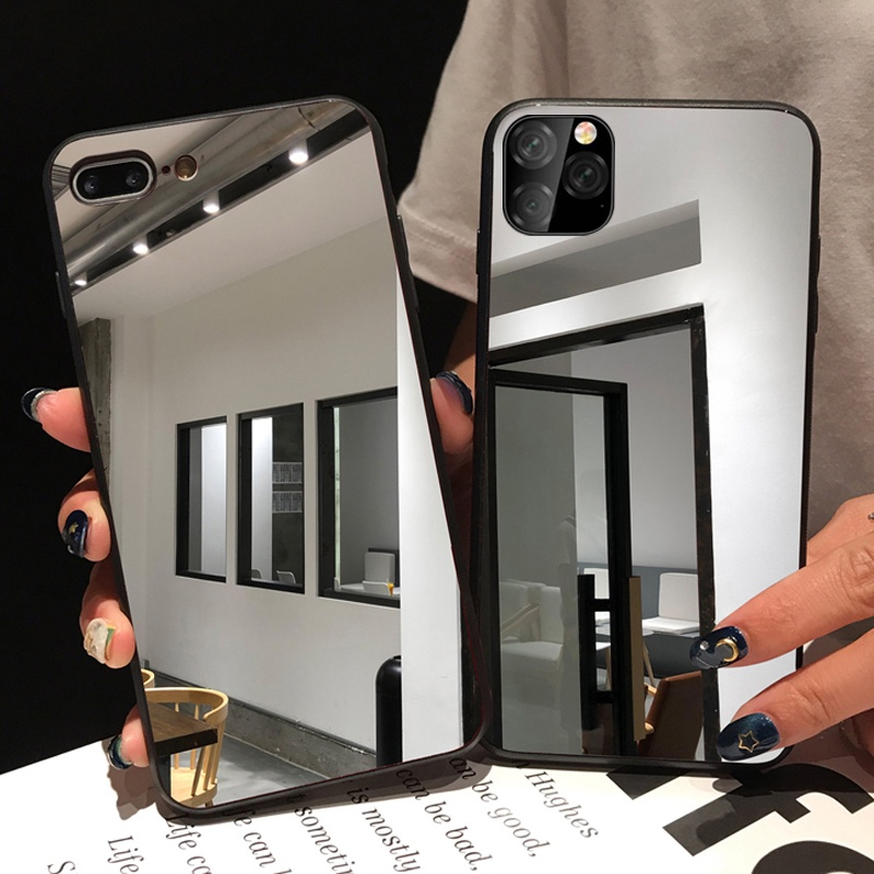 L07 เคสโทรศัพท์มือถือ TPU แบบนิ่ม กันกระแทก มีกระจก สีดํา สําหรับ IPhone 15 14 13 12 11 Pro Max Mini X XS Max XR 7 8 Plus SE 2020