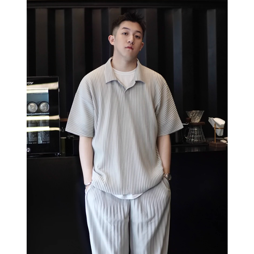มิยาเกะจีบเจเอ็ม030เสื้อโปโลผู้ชายแขนสั้นปกฤดูร้อนระบายอากาศหลวมสบายๆสีทึบ