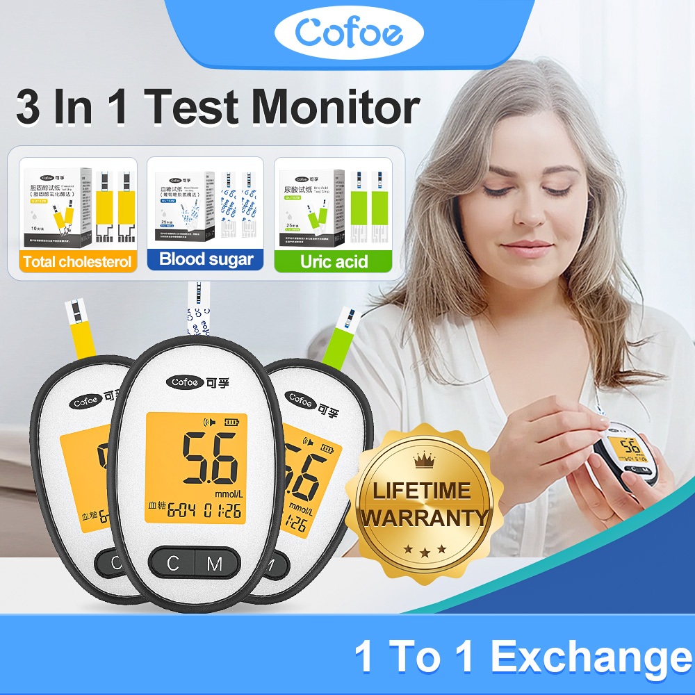 Cofoe 3 In 1 แถบทดสอบกรดยูริก น้ําตาลในเลือด คอเลสเตอรอล อเนกประสงค์