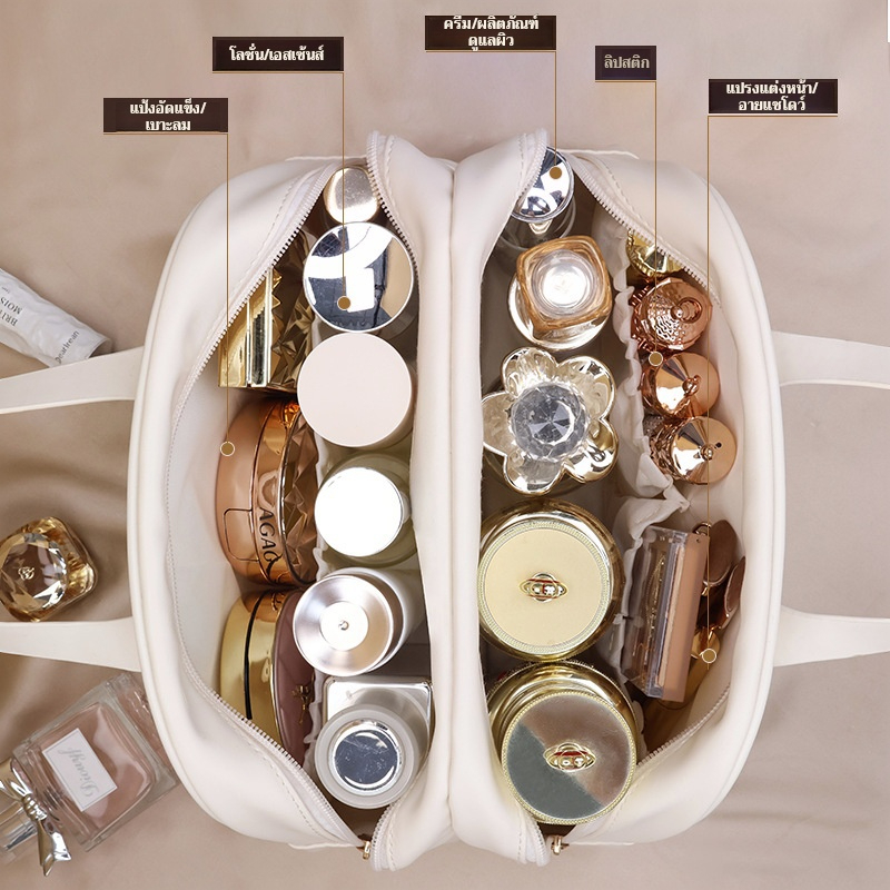 กระเป๋าเครื่องสําอาง หนัง PU สองชั้น ความจุขนาดใหญ่ กันน้ํา อเนกประสงค์ สําหรับบ้าน ออฟฟิศ - รูปที่ 3