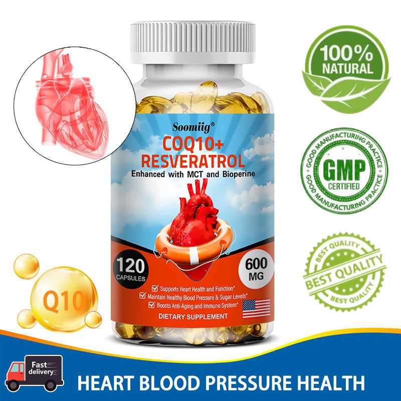 Soomiig Coenzyme Q10 + อาหารเสริม Resveratrol 600mg - สําหรับสุขภาพหัวใจและการผลิตพลังงาน - อาหารเสร