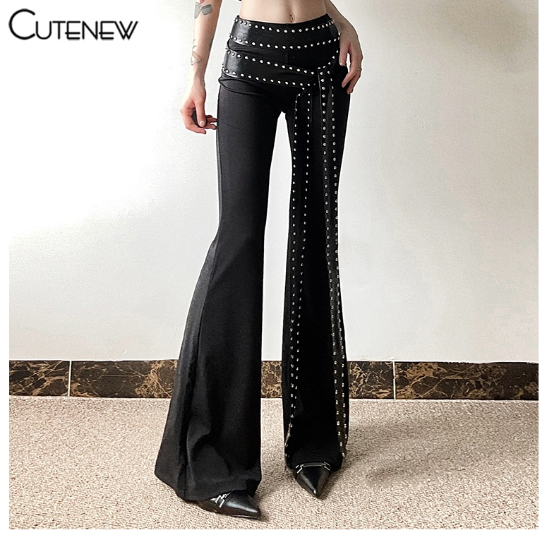 Cutenew Y2K กางเกงขาบาน เอวสูง ประดับหมุด แฟชั่นสตรีท สุดชิค