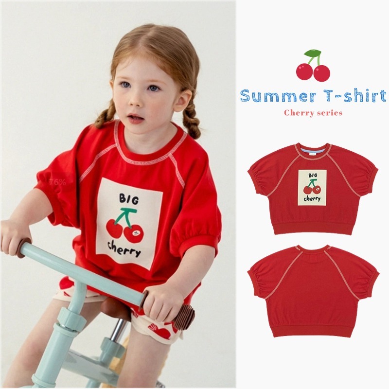เด็กเกาหลีเสื้อผ้าฤดูร้อนสไตล์ใหม่สาว แร็กแลน แขนสีแดงเชอร์รี่ผ้าฝ้ายแท้หลวมแขนสั้นเสื้อยืด