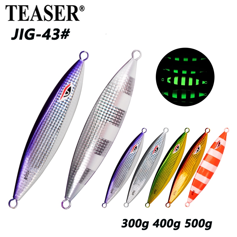 TEASER【J43】300g 400g 500g ช้าโลหะ Jigging Lure เรือน้ําเค็มเหยื่อตกปลา Luminous Offshore Jigs เหยื่อ Deepsea Sinking เหยื่อประดิษฐ์สําหรับ Tuny ไม่มีตะขอคู่