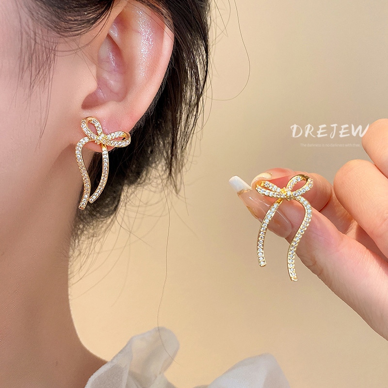 DREJEW ต่างหูเข็มเงิน 925 ประดับเพทาย ทอง 18K หรูหรา กันแพ้ แฟชั่น