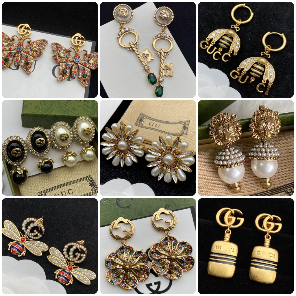 ต่างหูตัวอักษร GG ย้อนยุคหรูหรา, G ** CI Pearl Rhinestone ต่างหู, ทองเหลือง 925 เงิน, คีย์, หัวสิงโต