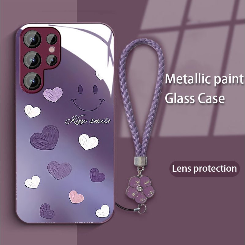 เคส Samsung Galaxy S24Ultra S24Plus S24 S23FEโทรศัพท์มือถือแบบแก้ว ลายหน้ายิ้ม พร้อมสายคล้องมือ สําหรับ S23Ultra S22Ultra S22Plus A54 A53 A34 A14 A52S