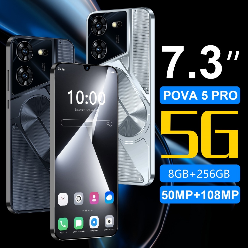 เครือข่าย 4G/5G POVA 5 PRO สมาร์ทโฟน 7.3 นิ้วหน้าจอที่ชัดเจนพิเศษ 8GB + 256GB Android 12 แบตเตอรี่ 6