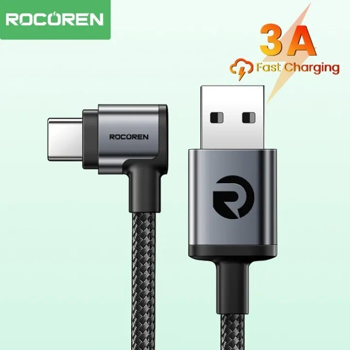 Rocoren สายชาร์จ USB เป็น Type C 3A 90 องศา ชาร์จเร็ว สําหรับ Samsung Huawei Xiaomi