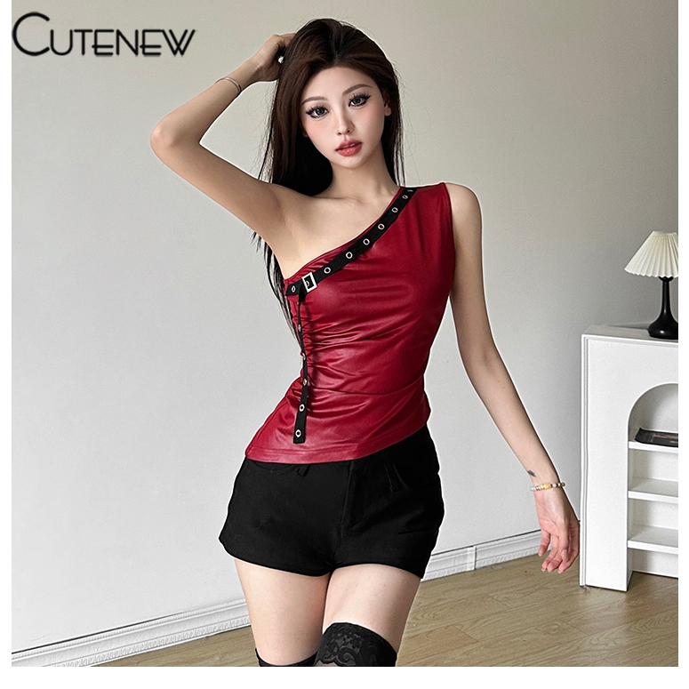 Cutenew เสื้อกล้าม ครอปท็อป เปิดไหล่ข้างเดียว หนัง PU ทรงไม่สมมาตร สีแดง เหมาะกับฤดูร้อน สําหรับผู้หญิง Y2K
