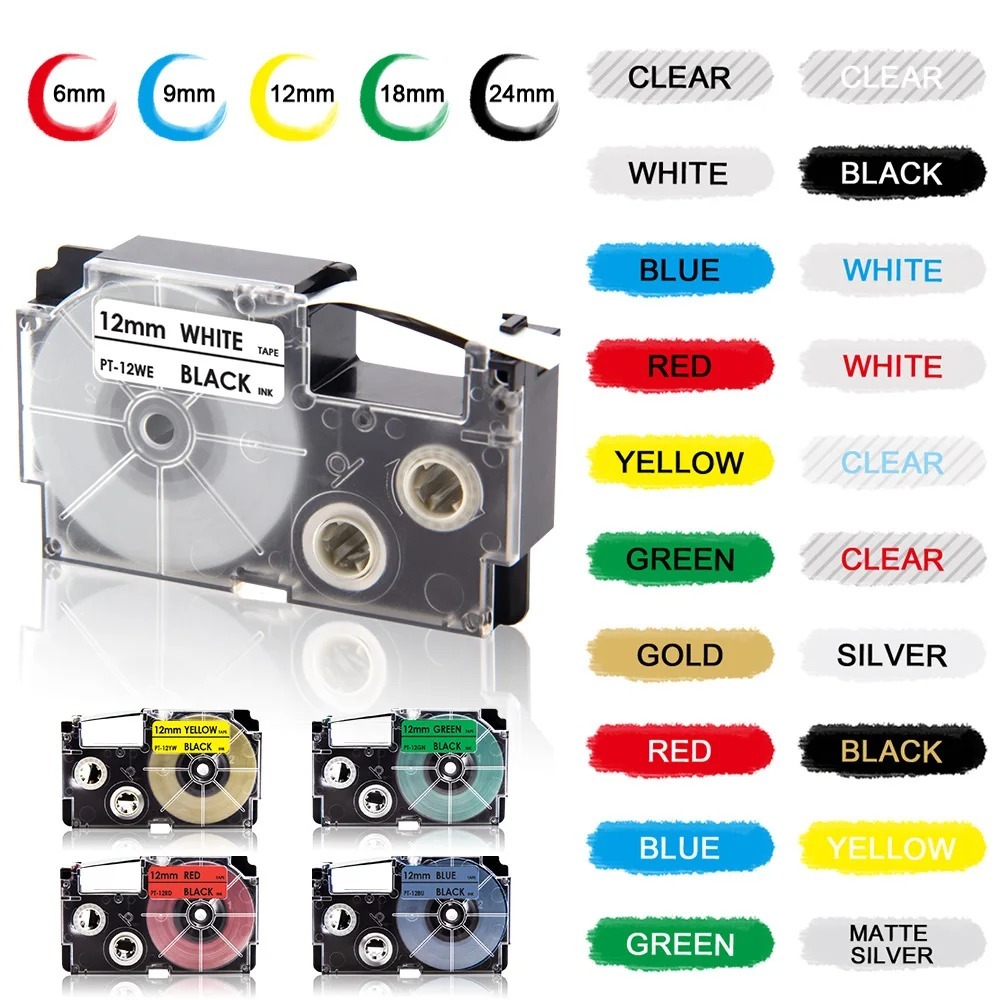 เทปฉลากคาสิโอ 6 9 12 18 24 มม. XR12WE XR12X XR9WE XR9X XR6WE XR18WE XR24WE สําหรับเครื่องพิมพ์ฉลาก Casio KL-60 KL-60SR 820