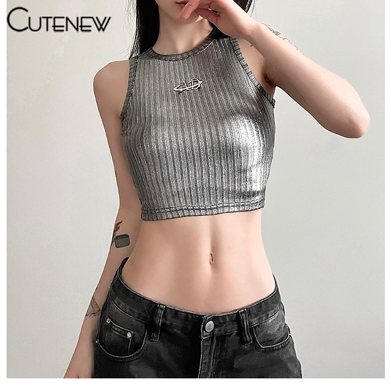 Cutenew Y2K เสื้อครอปท็อป แขนกุด ทรงสกินนี่ แนวสตรีท ฤดูร้อน สําหรับผู้หญิง 2024