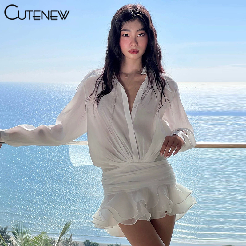 Cutenew ชุดมินิเดรสแขนยาว กระดุมแถวเดียว สีขาว สไตล์ฝรั่งเศส สําหรับผู้หญิง