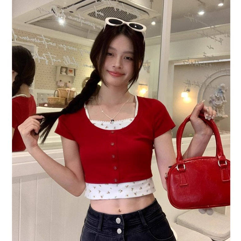 NZN ผู้หญิงเกาหลีลายดอกไม้หนึ่งไหล่แขนสั้นเสื้อยืดผู้หญิงสไตล์ใหม่ฤดูร้อนลูกไม้สั้นสีแดงด้านบน