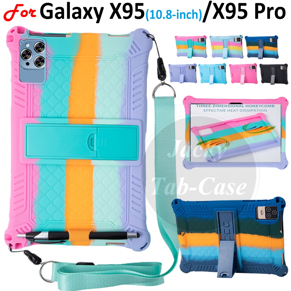 เคสแท็บเล็ต ซิลิโคนนิ่ม กันกระแทก พร้อมสายคล้อง และปากกาสไตลัส สีรุ้ง สําหรับ Galaxy X95 Tab 10.8 นิ