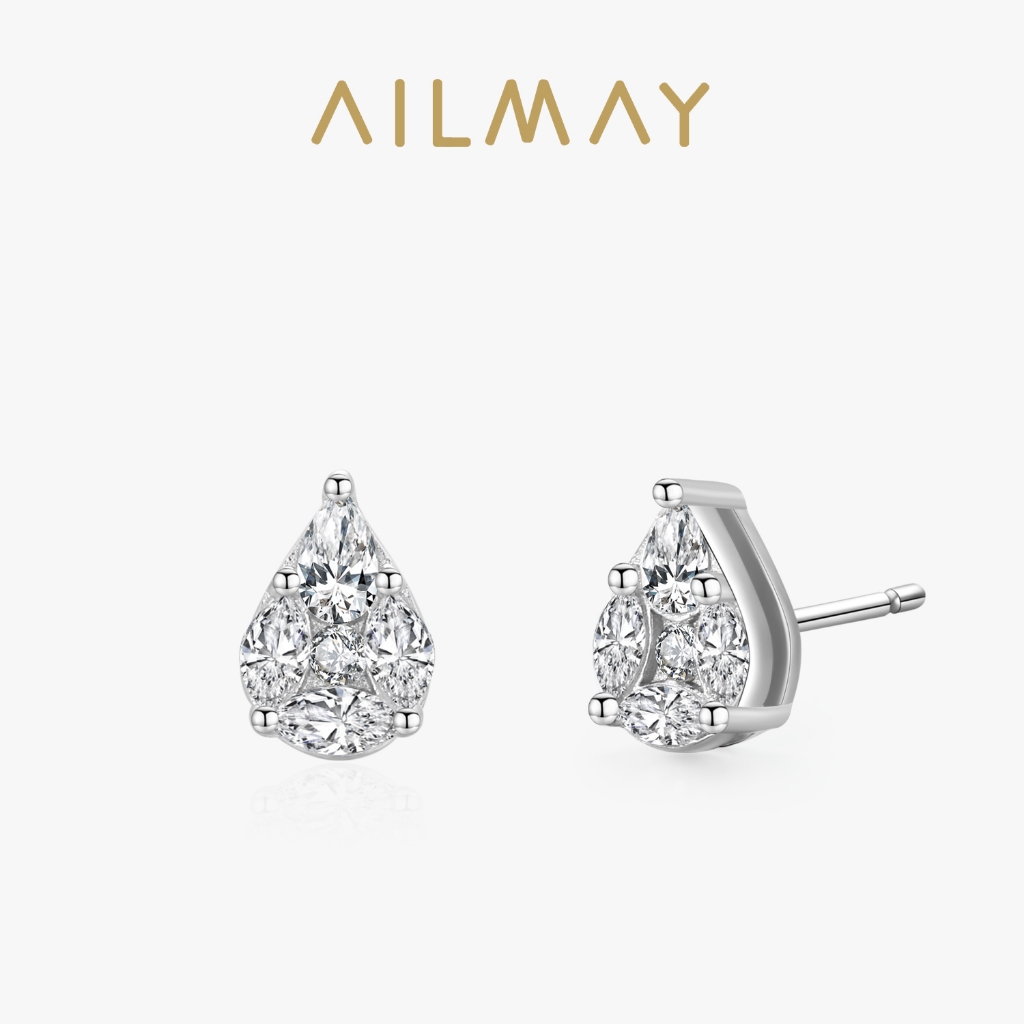 Ailmay 925 Silver Clear Zircon Water Drop Shape Stud ต่างหู Fine เครื่องประดับหญิง