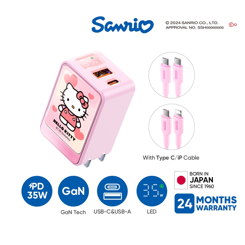 Sanrio Hello Kitty เฮลโลคิตตี้ Fast Charger ชาร์จเร็ว 35W GaN USB Type C PD3.0 LED Display อุปกรณ์ชาร์จมือถือ with 1M iP/TYPE C Cable Set