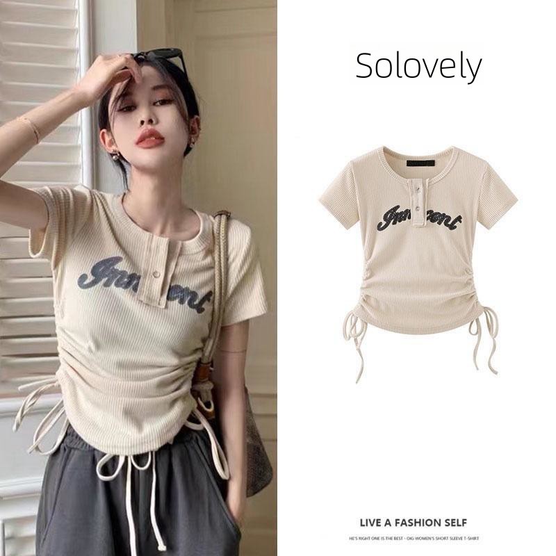Solovely สตรี สไตล์เกาหลี เสื้อ แขนสั้น เสื้อยืด