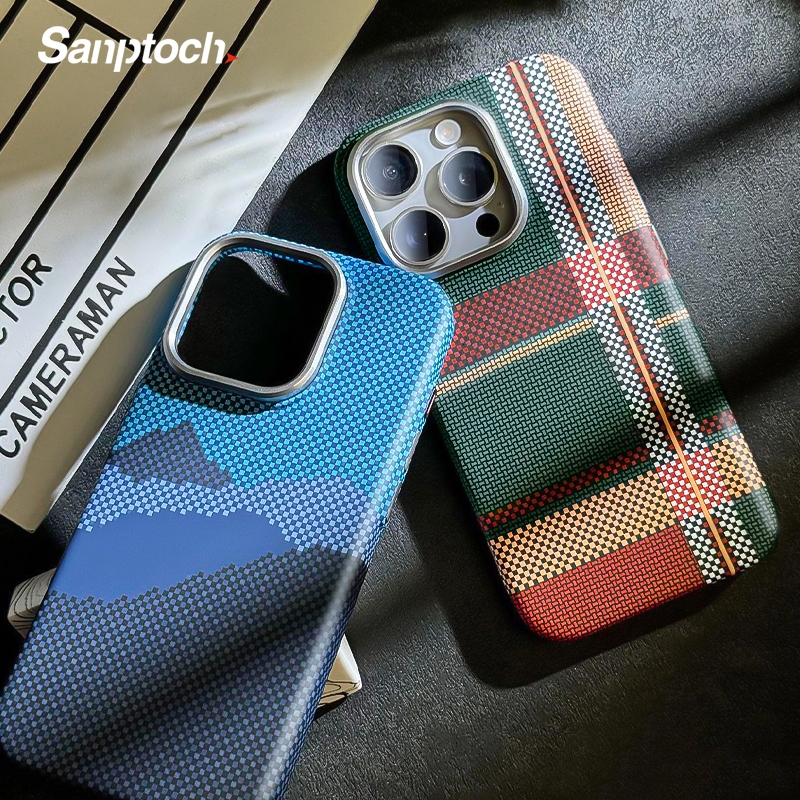 Sanptoch สําหรับ Magsnetic คาร์บอนไฟเบอร์เคสโทรศัพท์สําหรับ iPhone 17 / 16 / 15 / 14 / 13 / 12 Pro Max Matte Pixel Mountain กันกระแทกปกแข็งผิวป้องกัน