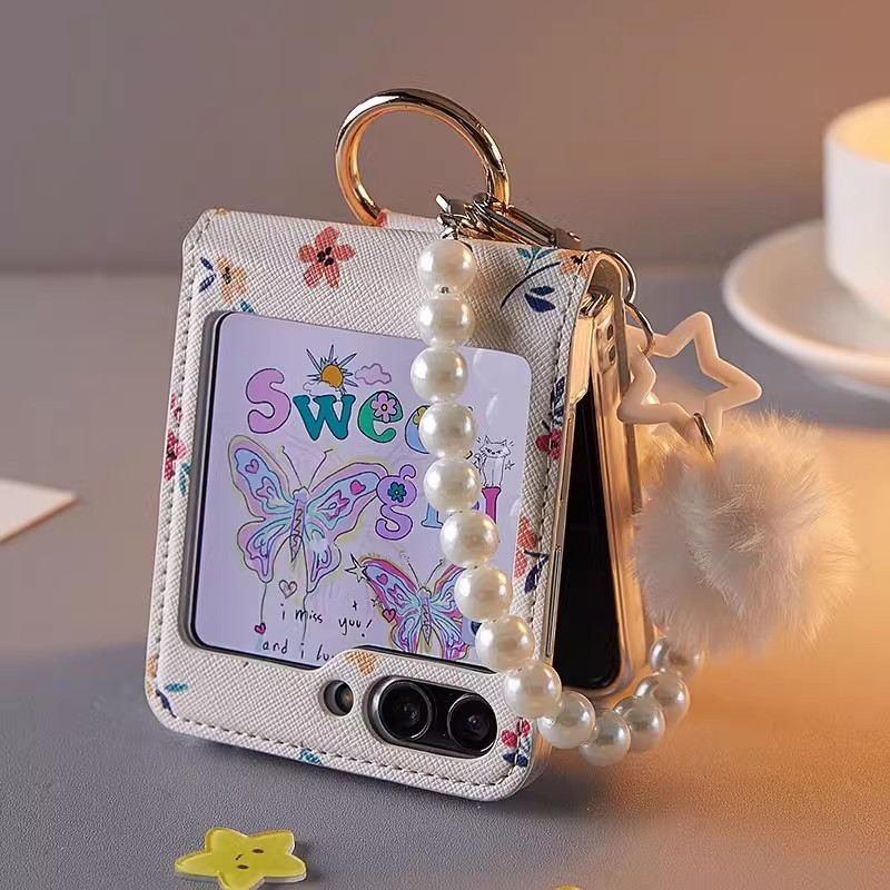 Samsung Z Flip 7 /Z Flip 6 /Z Flip5/ Z Flip 4/Z Flip 3 เคสโทรศัพท์มือถือลายดอกไม้ซองหนังพร้อมห่วงและโซ่มุกพวงกุญแจรูปดาว ZFlip5/zflip4/ZFLIP3/ZFLIP6/ZFLIP7
