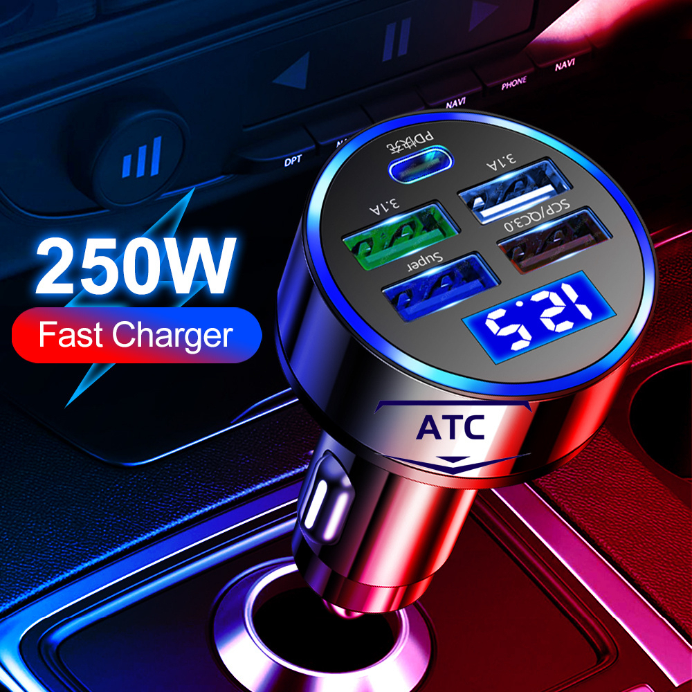 Autoche อะแดปเตอร์ชาร์จโทรศัพท์มือถือ 250W LED 5 พอร์ต PD QC3.0 USB C Type C สําหรับรถยนต์ทุกรุ่น