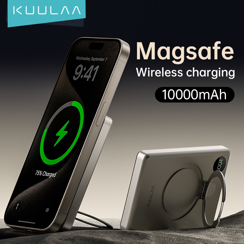 Kuulaa PD20W เครื่องชาร์จสํารองไร้สายดิจิตอลพร้อมขาตั้ง 10000mAh fast charging power pack แม่เหล็กดู