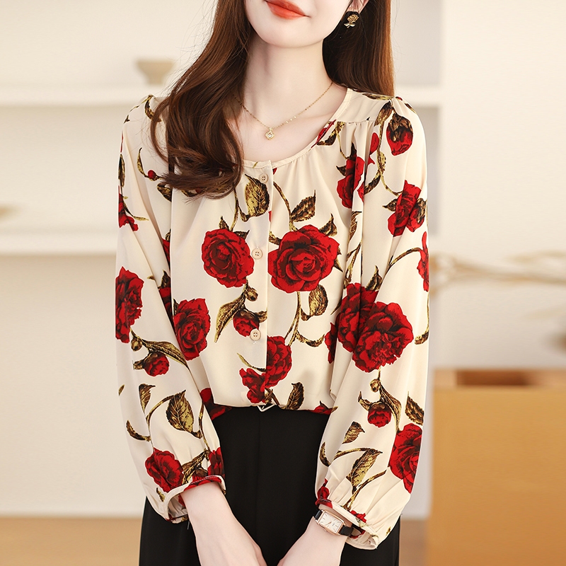 จัดส่ง 24 ชั่วโมง เสื้อเชิ้ต ผ้าชีฟอง พิมพ์ลายดอกกุหลาบ แขนโคมไฟ ทรงหลวม โอเวอร์ไซซ์ - รูปที่ 2