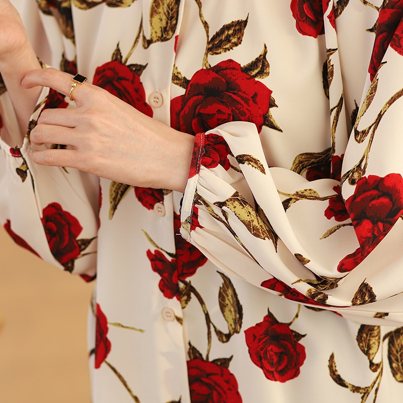 จัดส่ง 24 ชั่วโมง เสื้อเชิ้ต ผ้าชีฟอง พิมพ์ลายดอกกุหลาบ แขนโคมไฟ ทรงหลวม โอเวอร์ไซซ์ - รูปที่ 3