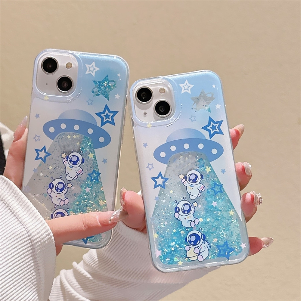 สําหรับ iPhone 16 11 12 13 14 15 Pro Max นักบินอวกาศ Spaceman รูปแบบเรืองแสงในที่มืด Luminous Glitter Liquid Bling Quicksand Soft TPU กรณี