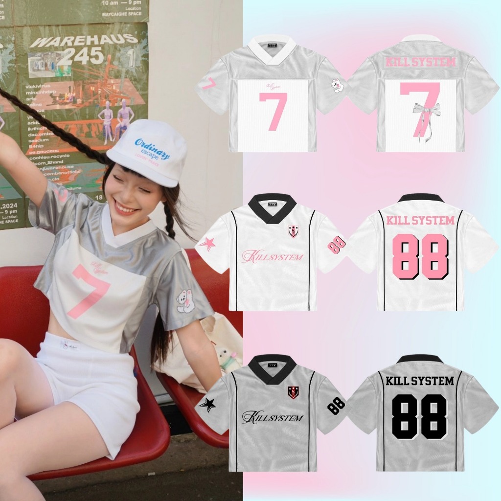 ( ในสต ็ อก ) Y2K เสื ้ อครอปคอวีหลวมสีชมพูสีเทาหมายเลข 7 โบว ์ สีขาวและสีเทาหมายเลข 88