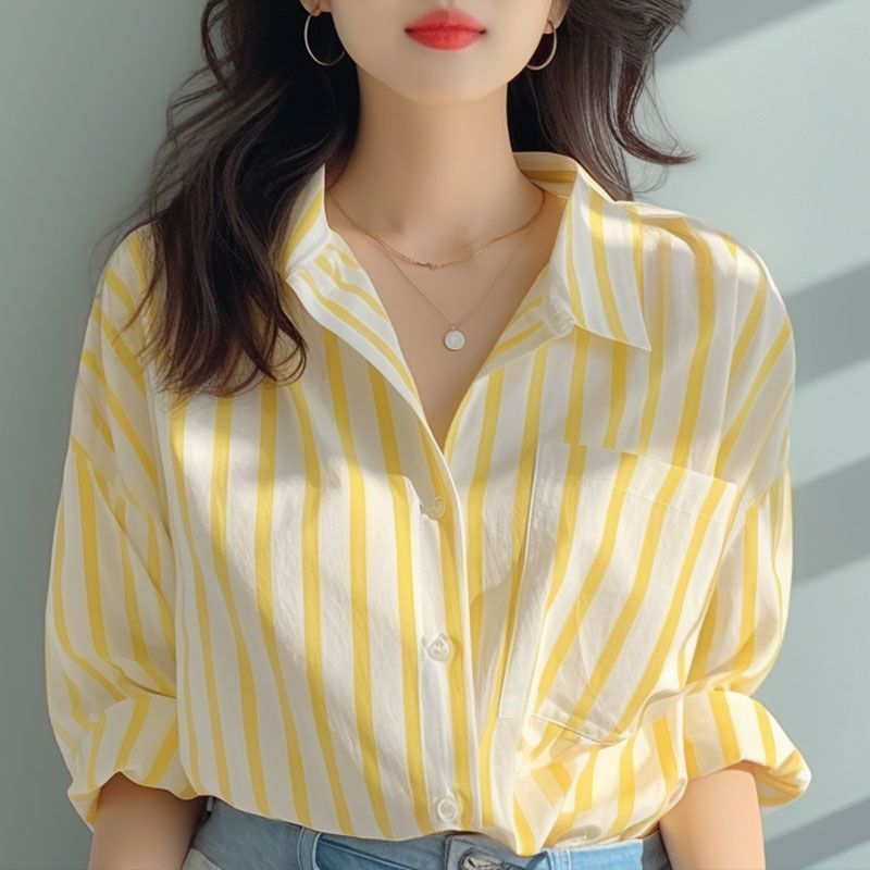 ใหม่ เสื้อเชิ้ต ลายทางแนวตั้ง กันแดด สไตล์เกาหลี แฟชั่นสําหรับผู้หญิง