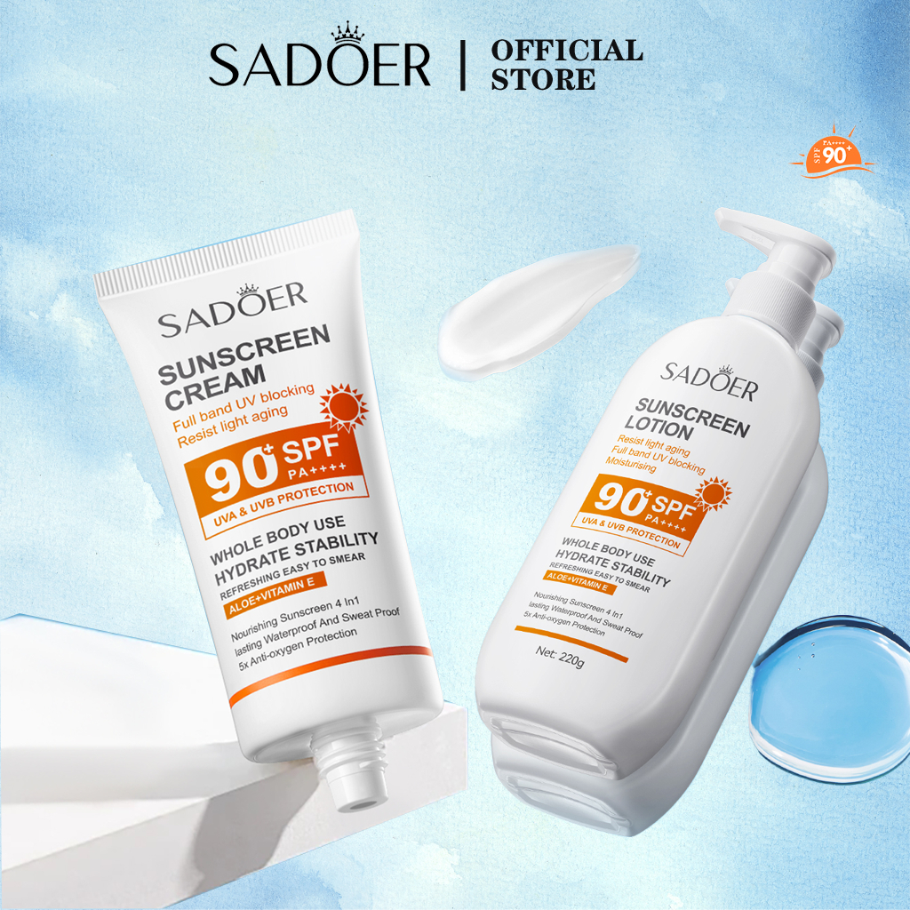 SADOER 5X ป้องกันการเกิดออกซิเดชัน ว่านหางจระเข้ + วิตามินอี ออลเดย์ไลท์ ครีมกันแดด กันแดด SPF90+ PA++++ 50gr /220ml  ครีมกันแดดบำรุงผิว 4 ใน 1 ทนน้ำและเหงื่อ