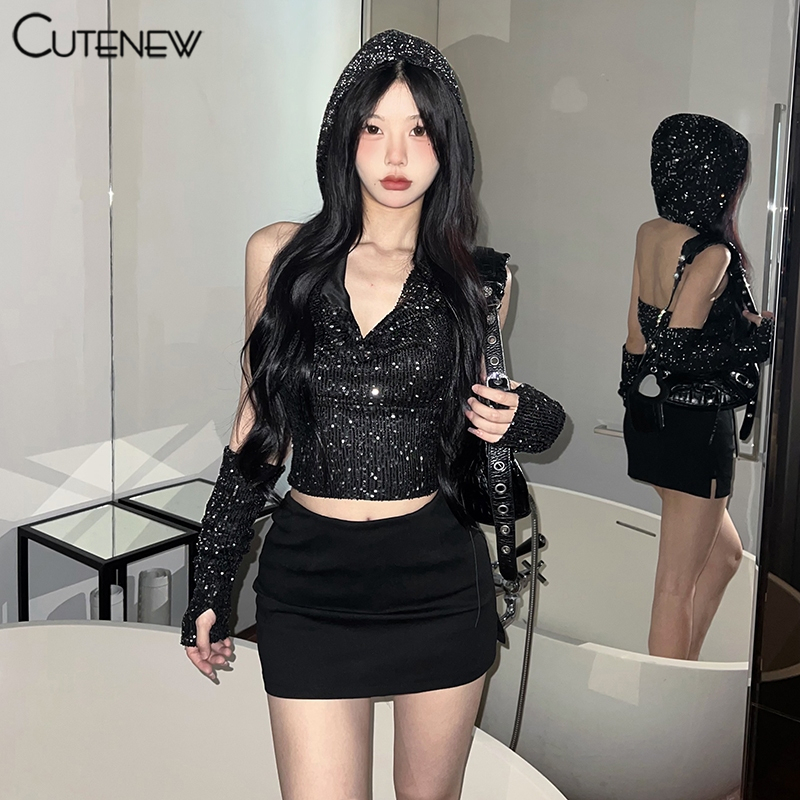Cutenew เสื้อครอปท็อปเซ็กซี่ ประดับเลื่อม สไตล์เกาหลี สําหรับผู้หญิง 2024