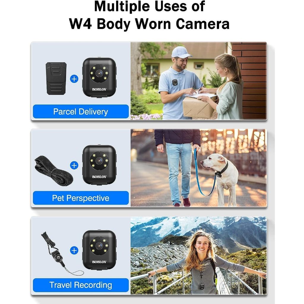 กล้องสวมใส่ร่างกาย BOBLOV, กล้องร่างกาย 1080P, ขยายหน่วยความจํา, แบตเตอรี่ 950mAh สําหรับการบันทึก 5 ชั่วโมง, รองรับแสตมป์ Time&Date, สําหรับหัวติดตั้งพร้อมสายรัดและคลิปสั้น