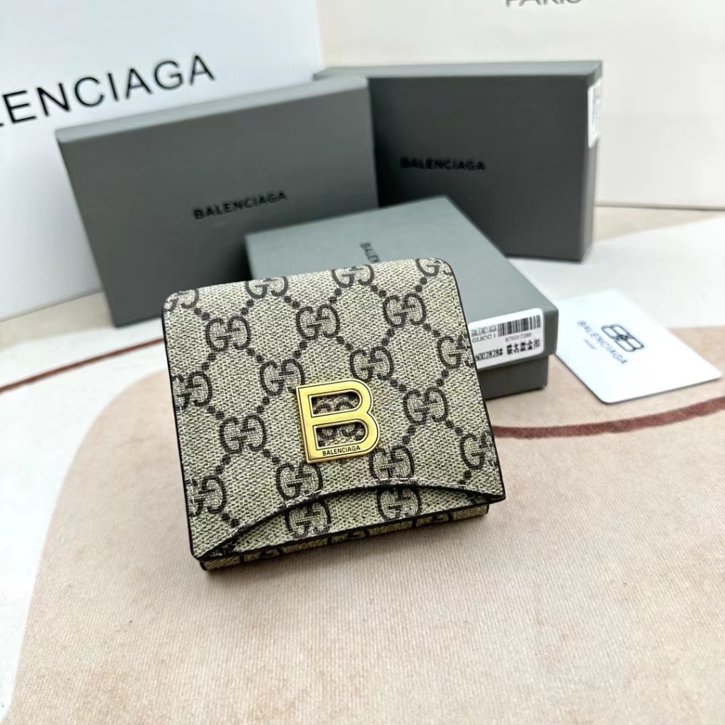 【 กล่อง + สินค้าคงคลัง 】 Balenciaga &amp; Gucci Co กระเป๋าสตางค์ หนังวัว ใบสั้น ทรงนาฬิกาทราย 6002828