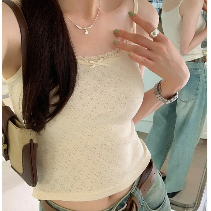 72011 เสื้อสายเดี่ยว ผ้าแจ็คคาร์ด แต่งลูกไม้ ประดับโบว์