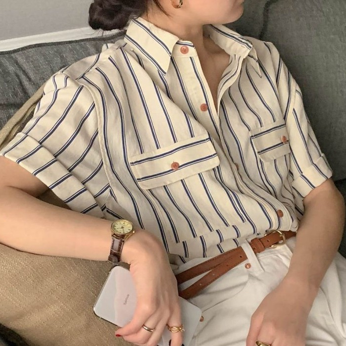 เสื้อเชิ้ต แขนสั้น ลายทาง สไตล์เกาหลี เรโทร เหมาะกับฤดูร้อน สําหรับผู้หญิง