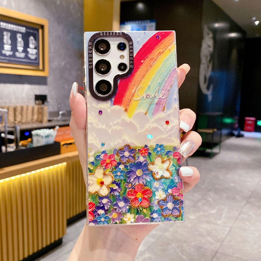 สี รุ้ง สวน เคส Samsung Galaxy S25 Ultra S24 Ultra S24 S25 Plus + S23Ultra S22Ultra Case กรอบโลหะ บลูเรย์ พลอยเทียม เคส