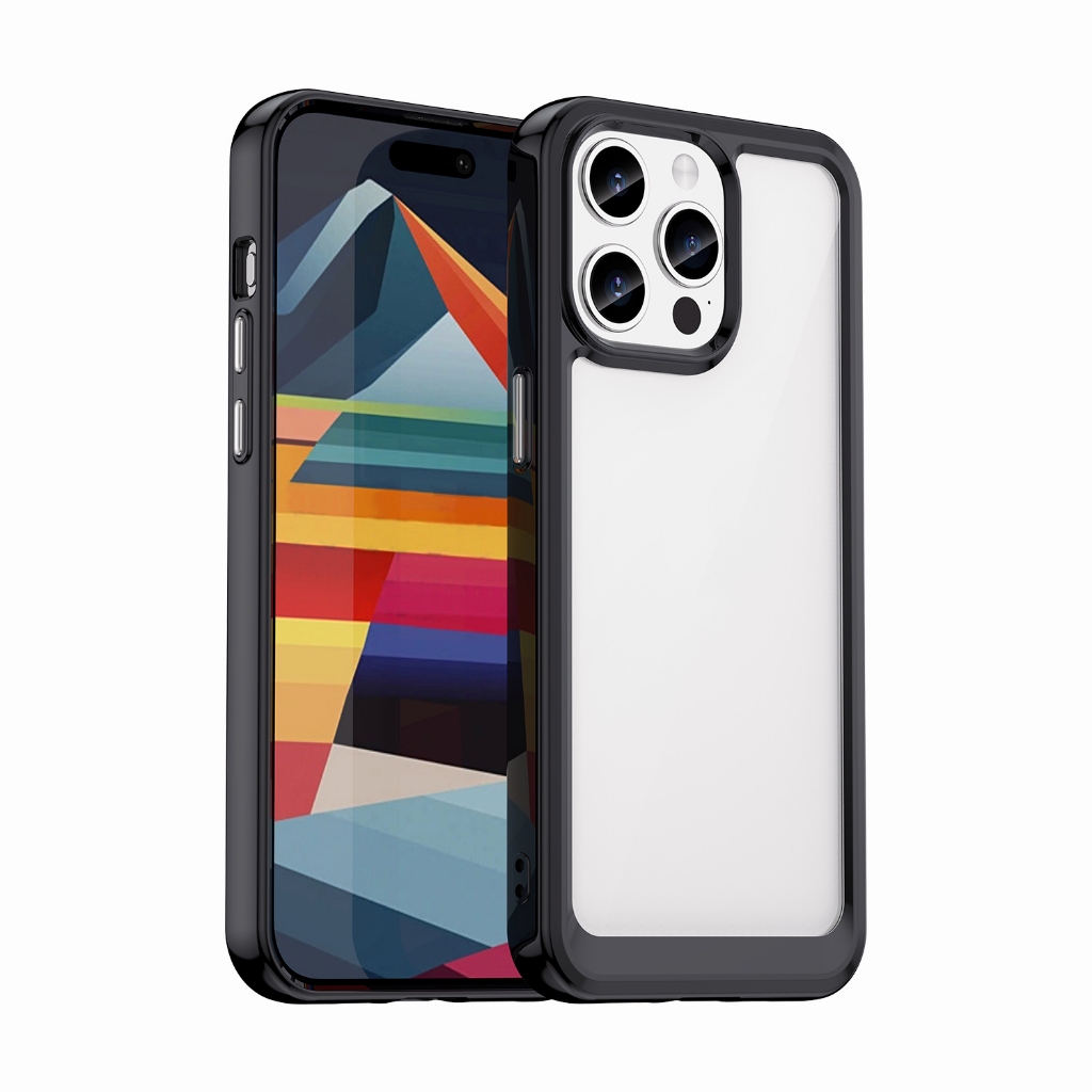 เคสโทรศัพท์มือถืออะคริลิคใส กันกระแทก สีดํา สําหรับ iPhone 11 12 13 14 15 Pro Max 14 15Plus