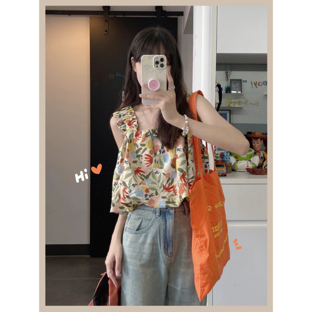ส่งไวจากไทย SELLDA M-XL ผู้หญิง เสื้อครอป ท็อป ลายดอกไม้ เกาหลี เสื้อกล้าม