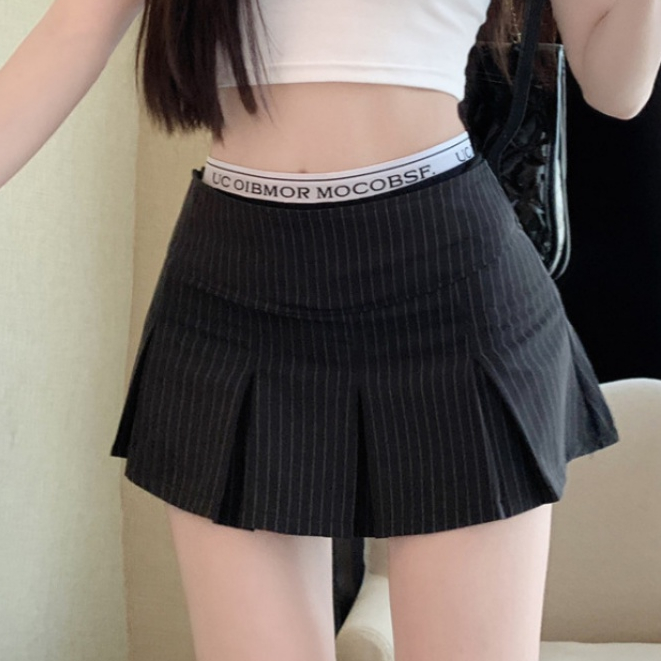 กระโปรงสองชั้น กระโปรงกางเกงเทนนิสเอวสูงลายทางเอวยืด Y2K แฟชั่นสไตล์เกาหลีผ้าอย่างดี มีซับในใส่สบาย
