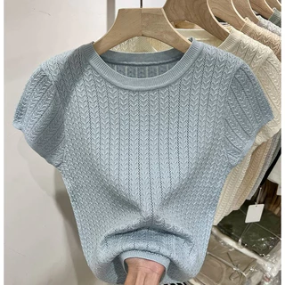 เสื้อยืดแขนสั้น คอกลม ผ้าถัก แบบเข้ารูป สไตล์ตะวันตก ระดับไฮเอนด์ แฟชั่นฤดูร้อน สําหรับผู้หญิง